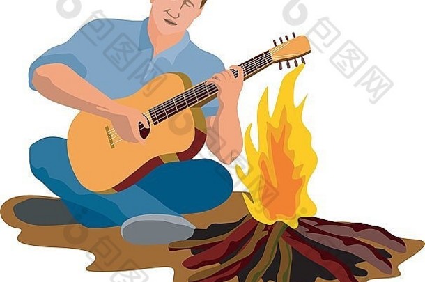 插图男人。玩吉他篝火孤立的白色背景复古的风格