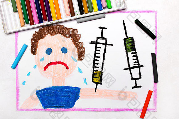 色彩斑斓的画孩子疫苗接种哭男孩注射器保护疫苗接种