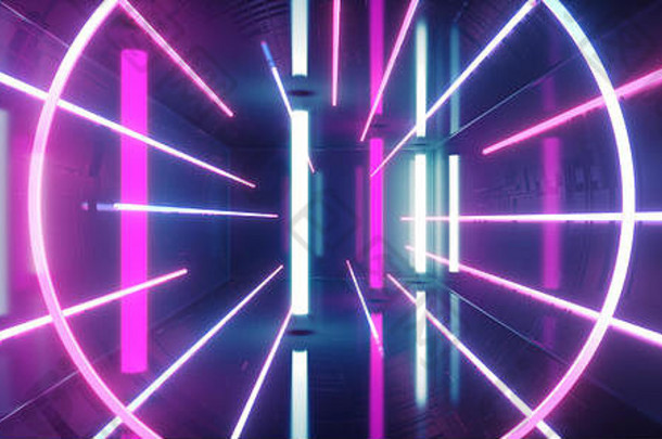 霓虹灯发光的发光的sci未来主义的灯充满活力的紫色的蓝色的行荧光现代虚拟现实隧道走廊黑暗房间大厅外星人空间