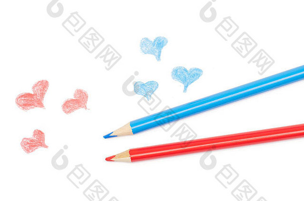 集团彩色的铅笔红色的蓝色的心平铺孤立的白色背景