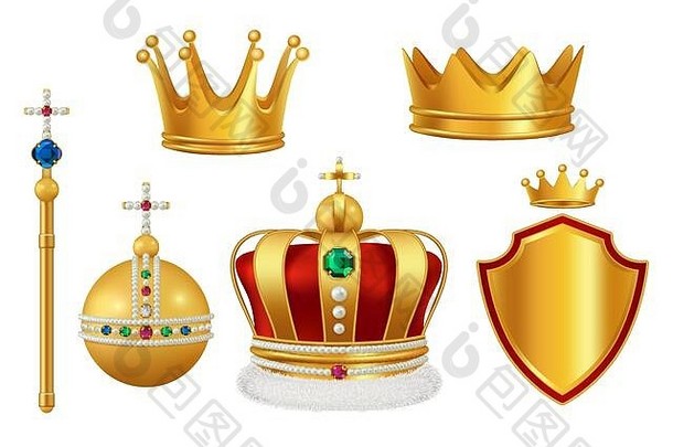 金皇家符号皇冠珠宝骑士君主古董小号中世纪的首饰向量现实的