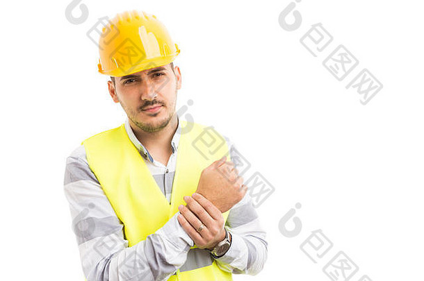 建设工人痛苦手腕联合疼痛工作小时工作受伤概念孤立的白色背景