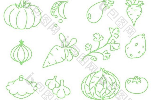 蔬菜卡通绿色行图纸集向量水平孤立的