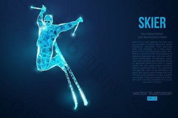 摘要轮廓滑雪跳粒子蓝色的背景低聚霓虹灯线大纲几何向量滑雪
