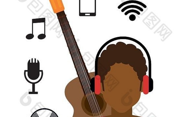 字符非洲式发型男孩耳机无线网络音乐
