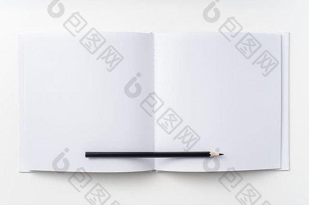 设计概念前视图纯白色笔记本白色页面铅笔孤立的背景模型