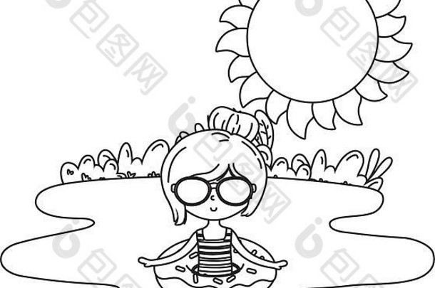 快乐女孩孩子泳衣太阳镜卡通海夏天旅行向量插图可编辑的设计黑色的白色