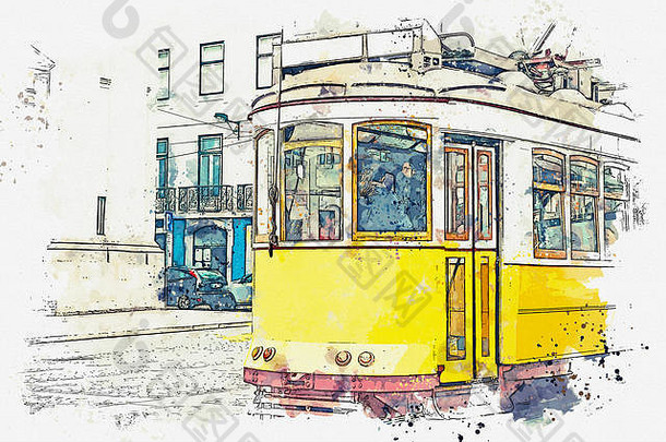 草图水彩插图传统的有轨电车移动街里斯本葡萄牙