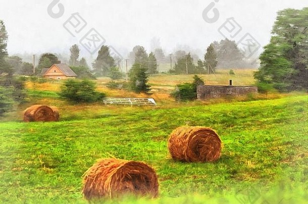 场干草堆农村景观色彩斑斓的绘画图片