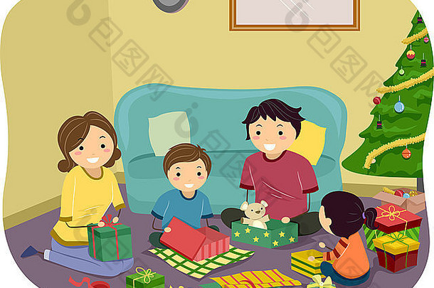 插图家庭开放圣诞节礼物