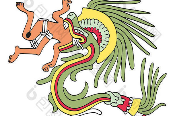 羽蛇神有羽毛的蛇形式吃男人。神风智慧神描述阿兹特克手稿绘画