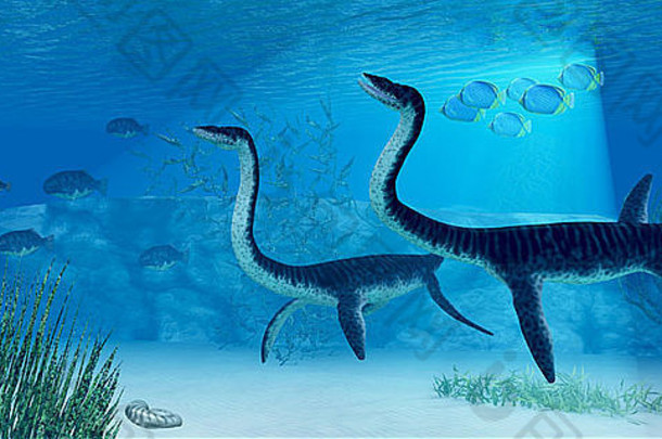 侏罗纪海洋完整的生活蛇颈龙恐龙食肉动物喂养鱼猎物