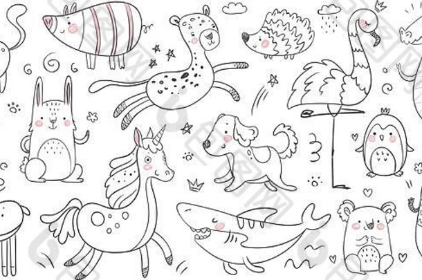 涂鸦动物草图动物手画装饰熊猫可爱的鳄鱼可爱的鲨鱼猫友谊豹向量集