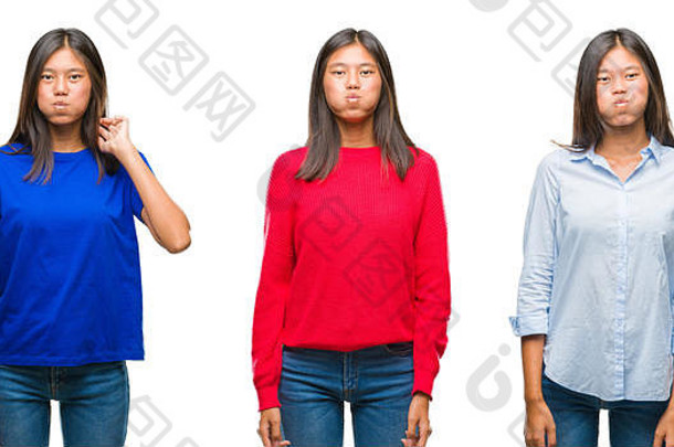 拼贴画亚洲年轻的女人站白色孤立的背景吸烟脸颊有趣的脸口膨胀的空气疯狂的表达式