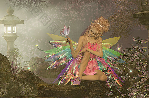 小仙女翅膀等待粉红色的蝴蝶土地手指神奇的林地森林