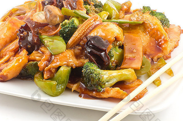 yu-shiang鸡大蒜酱汁炒混合中国人蔬菜