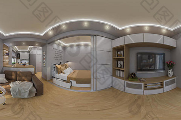 插图球形度无缝的全景生活房间卧室室内设计现代工作室公寓