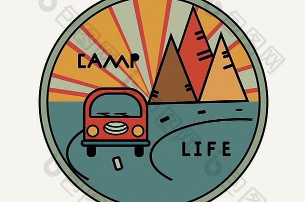 轮贴纸古董的复古的风格登记营生活路太阳山象征免费的旅行露营者旅游