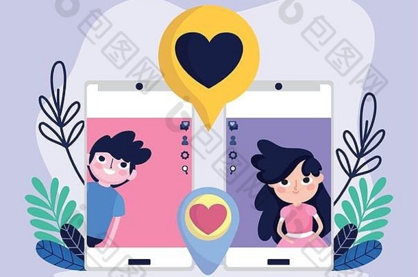 可爱的女孩男孩智能手机屏幕闲谈，聊天浪漫的爱社会媒体向量插图