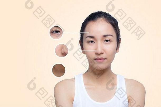 护肤品健康概念美丽的年轻的女人脸皱纹圈广告