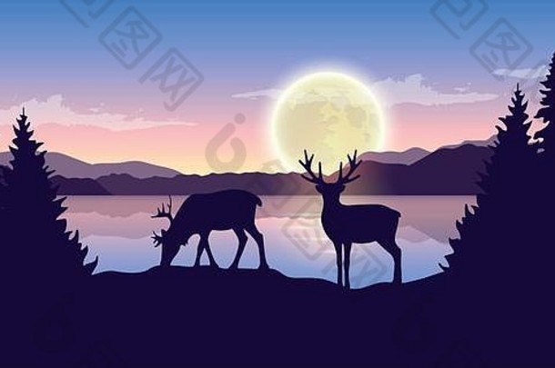 驯鹿湖晚上完整的月亮紫色的自然景观向量插图每股收益