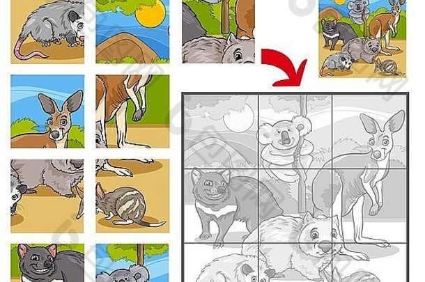 卡通插图教育拼图谜题游戏学前教育孩子们野生澳大利亚动物字符集团