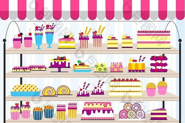 蛋糕站商店插图向量甜蜜的聚会，派对背景食物图标集快乐生日婚礼向量集合对象