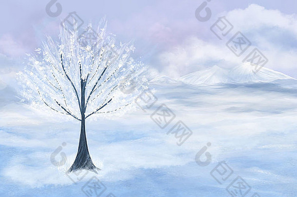 数字艺术插图白色开花树冬天景观冷颜色