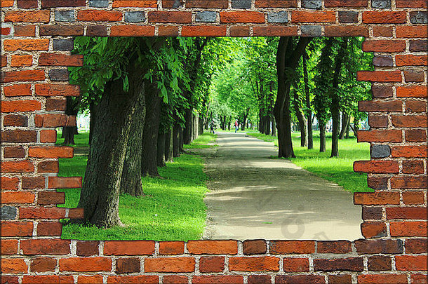 破碎的砖墙视图夏天城市公园绿色树