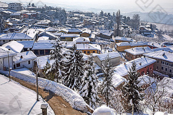 全景小小镇路房子屋顶覆盖雪dianod阿尔巴皮埃蒙特北部意大利