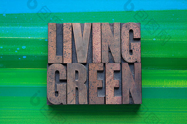 短语的生活绿色”凸版印刷的木类型绿色蓝色的背景