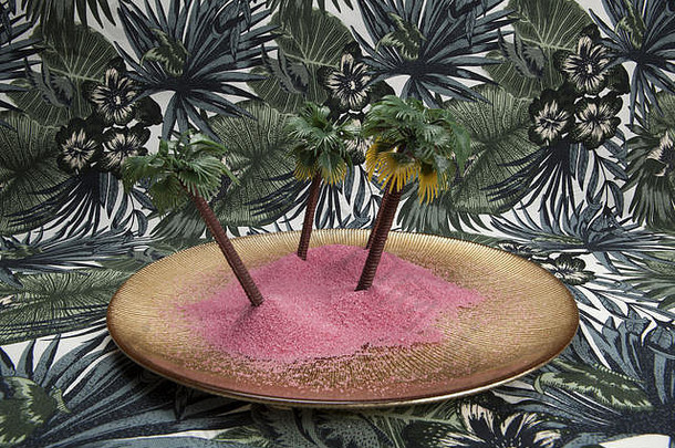 粉红色的沙子棕榈树金板热带背景最小的生活颜色摄影