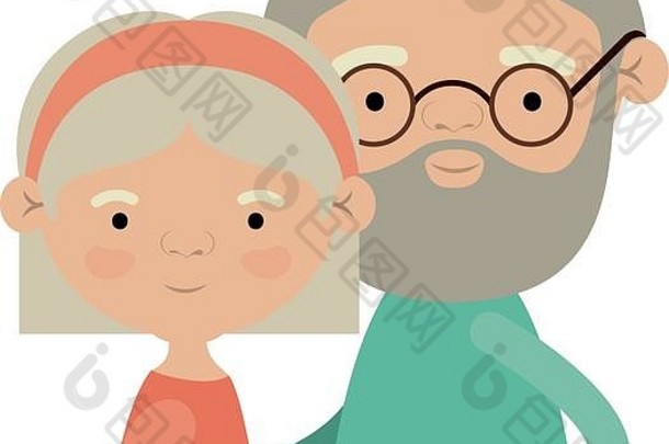 光颜色轮廓一半身体夫妇上了年纪的祖母直短头发祖父胡子眼镜