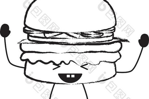 卡哇伊兴奋汉堡图标白色背景向量插图