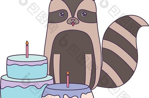 可爱的浣熊<strong>蛋糕</strong>生日向量插图设计