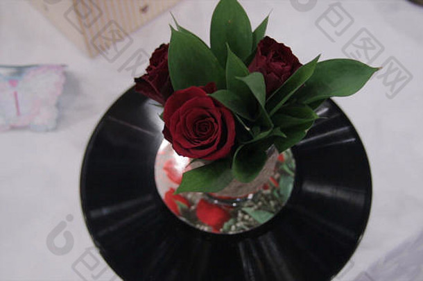 音乐的花束玫瑰记录美丽的花束红色的玫瑰克乙烯基玫瑰记录古董