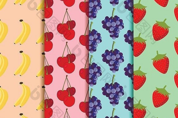 集无缝的模式水果模式香蕉樱桃草莓葡萄向量背景