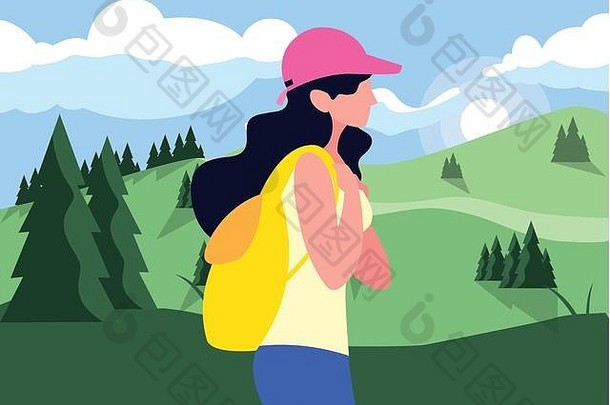 女人背包徒步旅行旅游热探索场景观向量插图