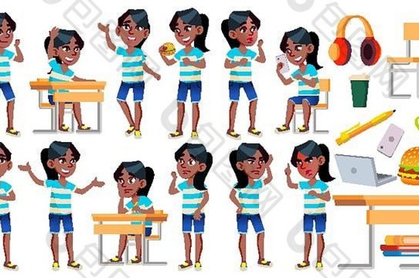 女孩女学生孩子提出了集向量黑色的非洲式发型美国高学校孩子孩子们研究知识学习教训演讲打印邀请设计孤立的卡通插图