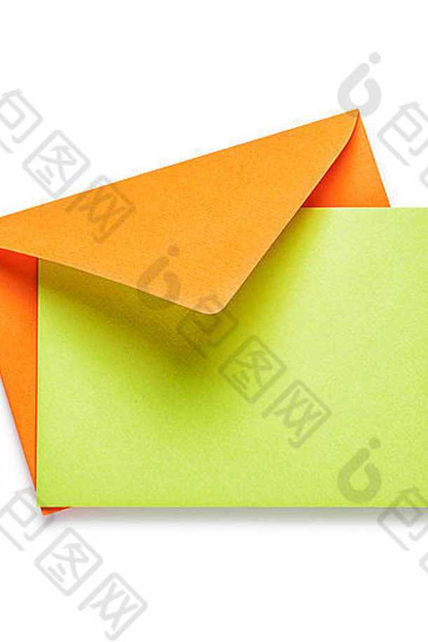 橙色信封绿色卡孤立的白色背景对象剪裁路径