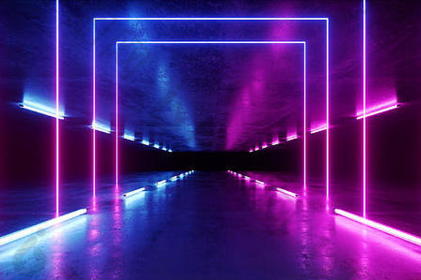 充满活力的霓虹灯背景发光的紫色的蓝色的粉红色的紫罗兰色的路径跟踪门入口sci未来主义的虚拟现实黑暗隧道混凝土难看的东西雷夫莱克