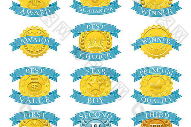 集黄金蓝色的奖奖牌徽章互联网产品消费者评论测试产品描述