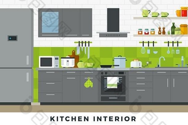 厨房室内家具餐具电器向量平插图