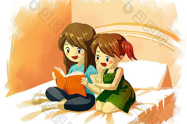 插图姐妹阅读故事书床上