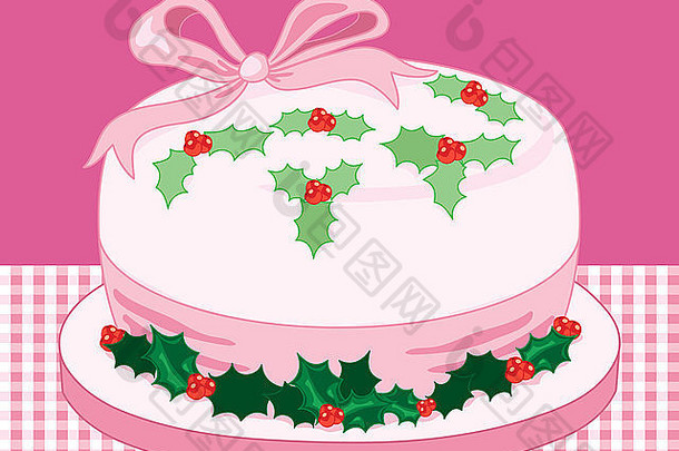 插图程式化的圣诞节<strong>蛋糕</strong>粉红色的丝带冬青装饰<strong>蛋糕</strong>董事会条格平布桌布
