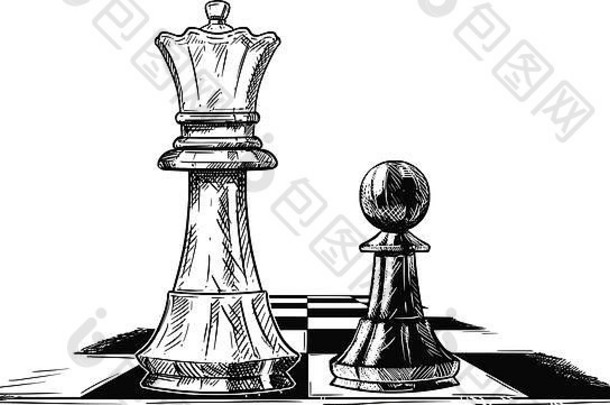 向量艺术画插图国际象棋王兵面对