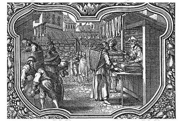 德国十七世纪城市视图节日市场人购买食物<strong>饮料</strong>布雕刻装饰框架