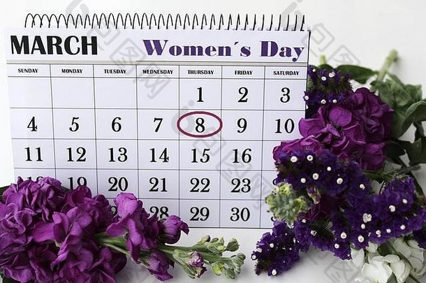 紫色的白色百合蜡菊花日历标志着女人的一天白色背景
