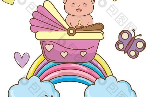 可爱的婴儿淋浴婴儿babycare元素卡通向量插图图形设计