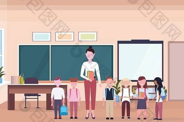 女人老师混合比赛学生站现代学校教室室内粉笔董事会桌子上卡通字符完整的长度水平横幅平